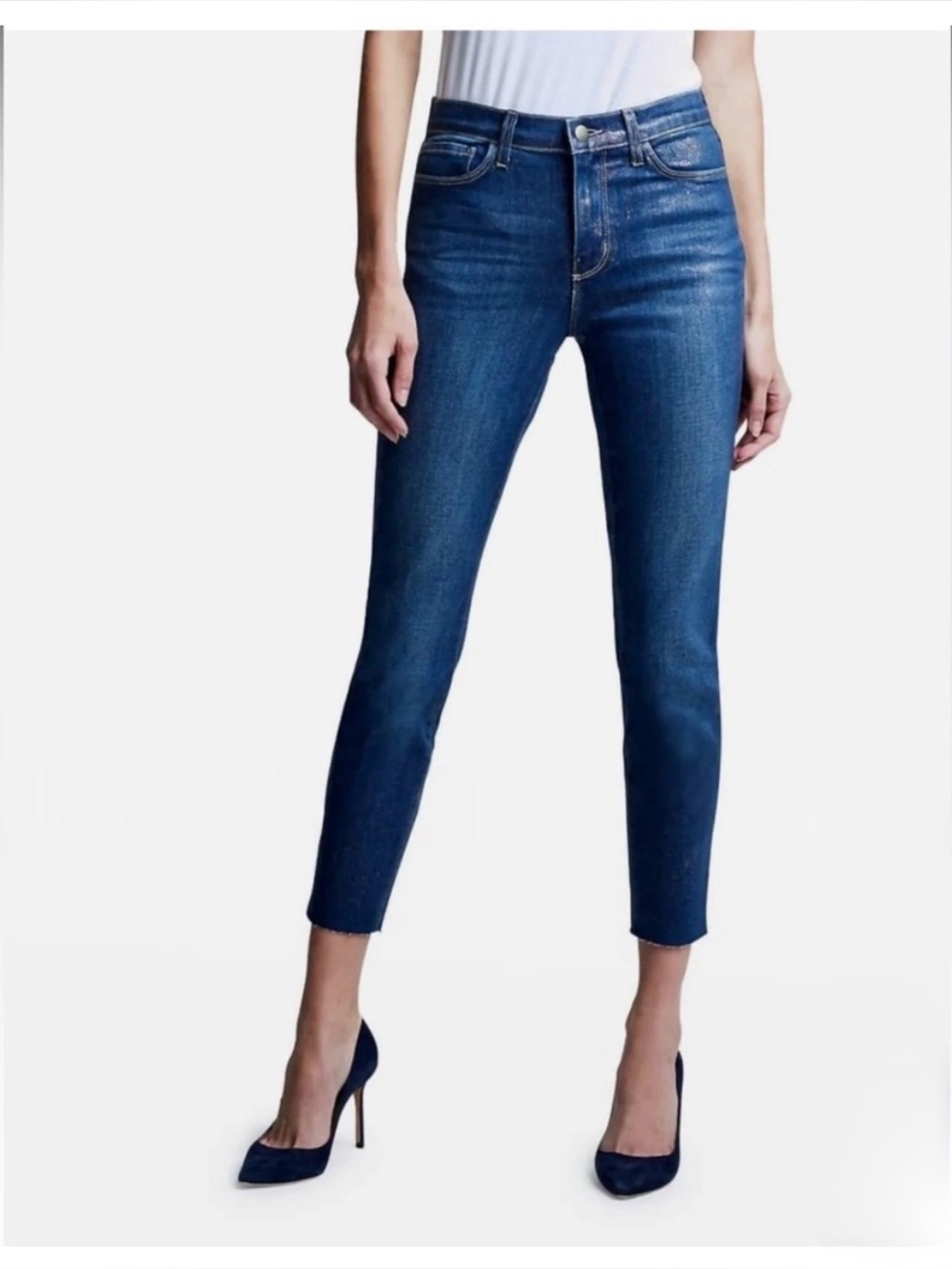 L'AGENCE El Matador High Rise Slim Jeans Size 31 Anchor Blue Raw Hem Made in USA
